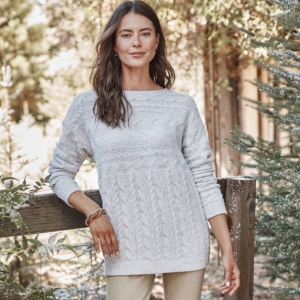 J JILL NWT XL Petite Carmel Valley Cable Sweater in Pearl White Heather • XLP